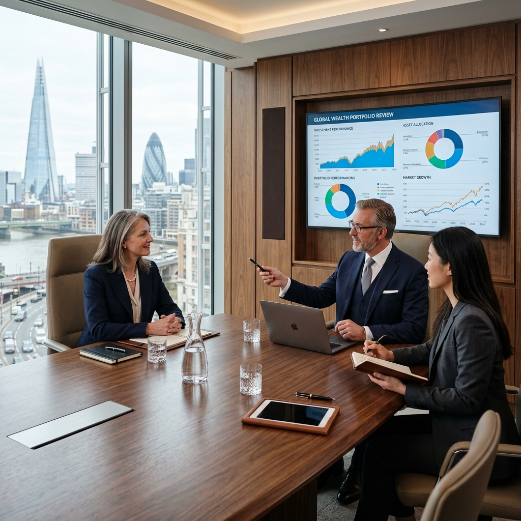 Advisors reviewing financial portfolio details with clients